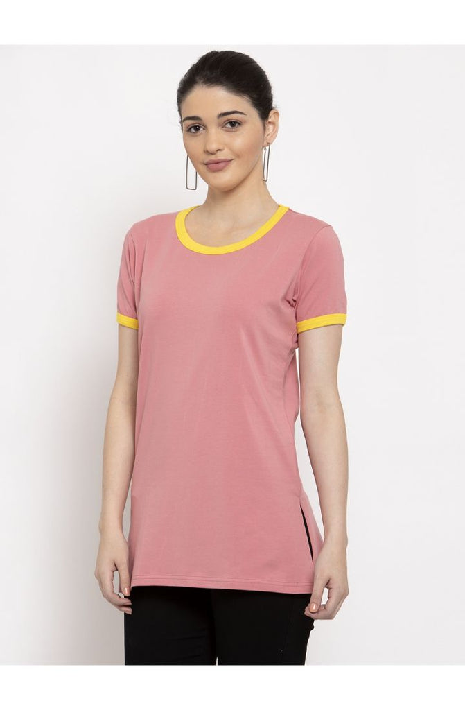  Hot Coral Round Neck Long Tees 