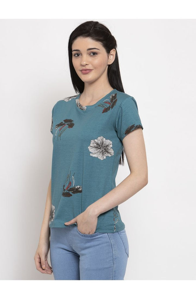 Ocean Round Neck T-Shirt with floral print 