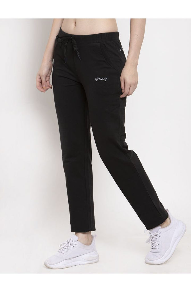 Cotton Black Tapered Fit Track Pant for women