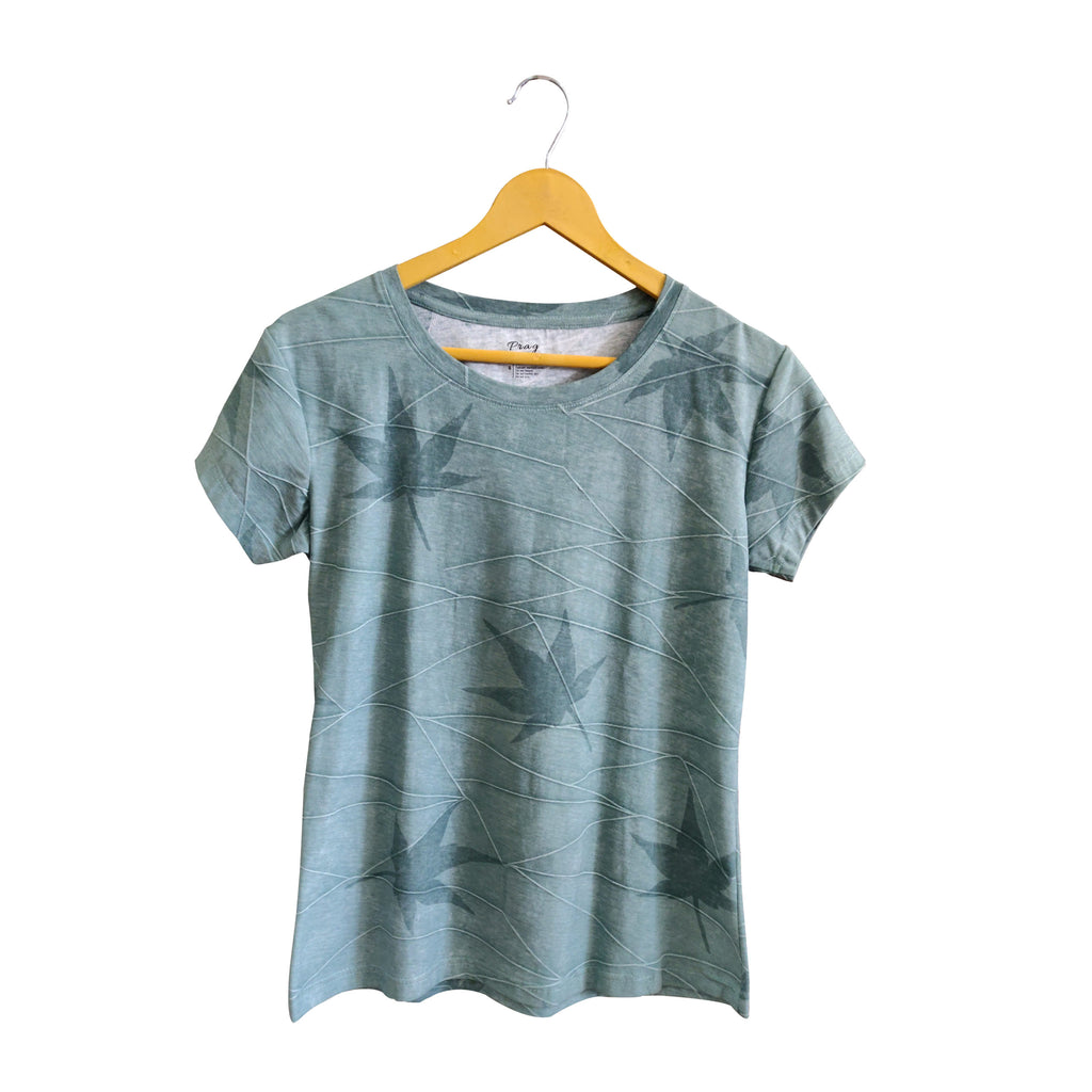 Organic Round Neck All Over Print Cotton T-Shirt With Slub Green Color