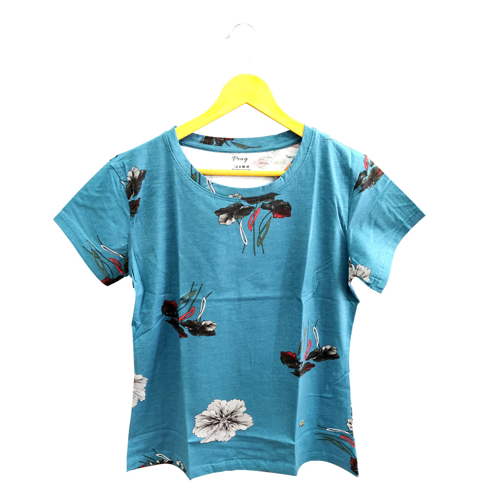 Organic Round neck Floral Print Cotton T-Shirt With Ocean Color