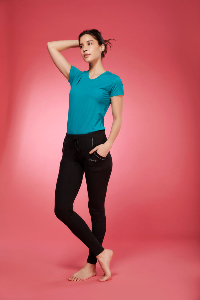 Left Side Black Cotton Stretch Pant For Ladies With Blue T-Shirt